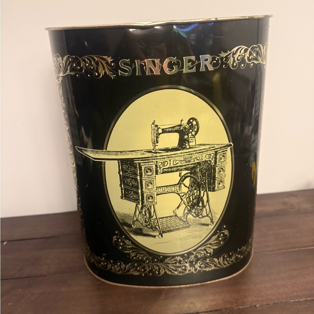 Vintage Singer Sewing Machines Metal Waste Basket by Cheinco USA Black/Gold/Red